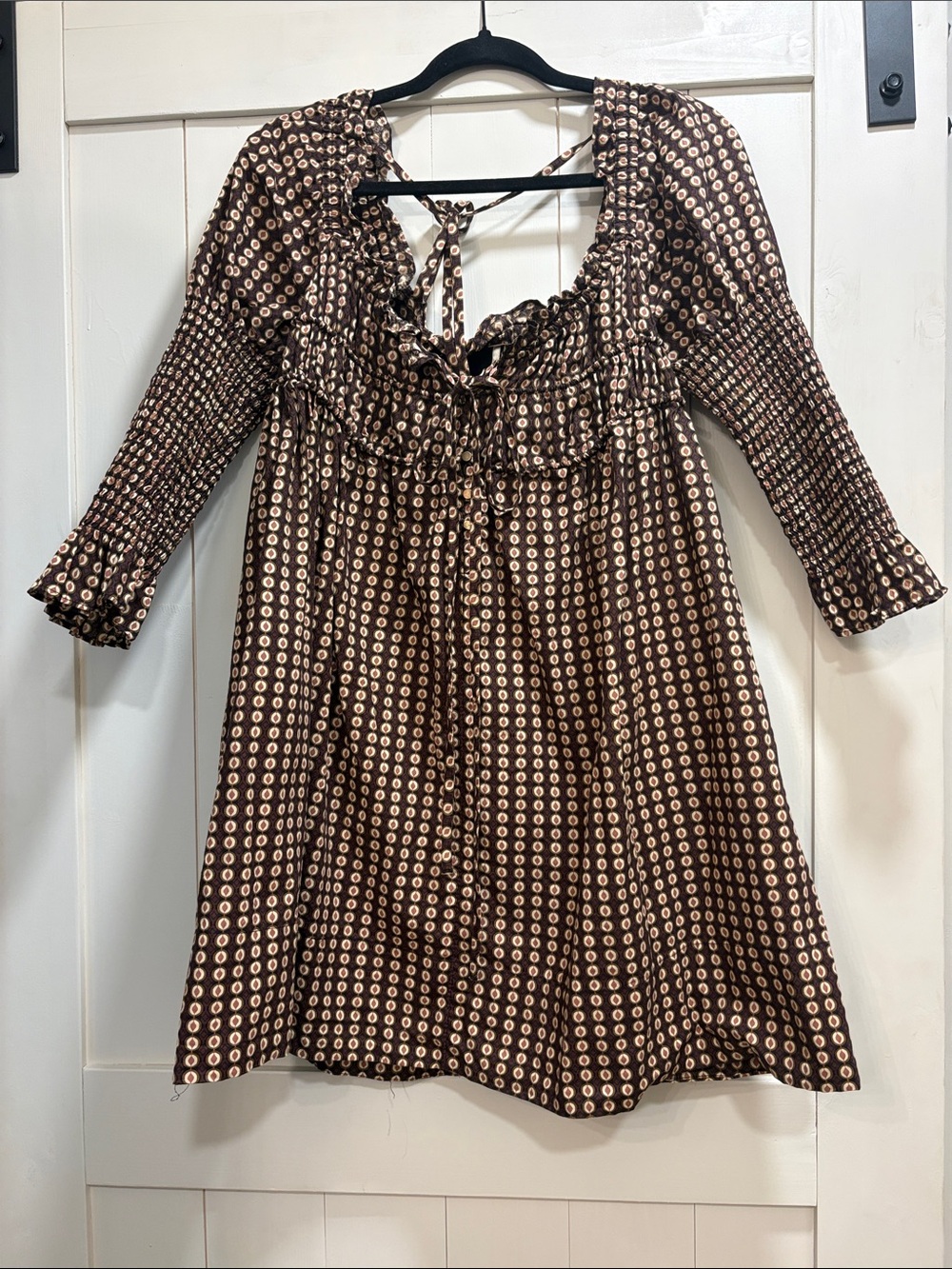 Free People Brown and Cream Printed Long Sleeve Mini Dress